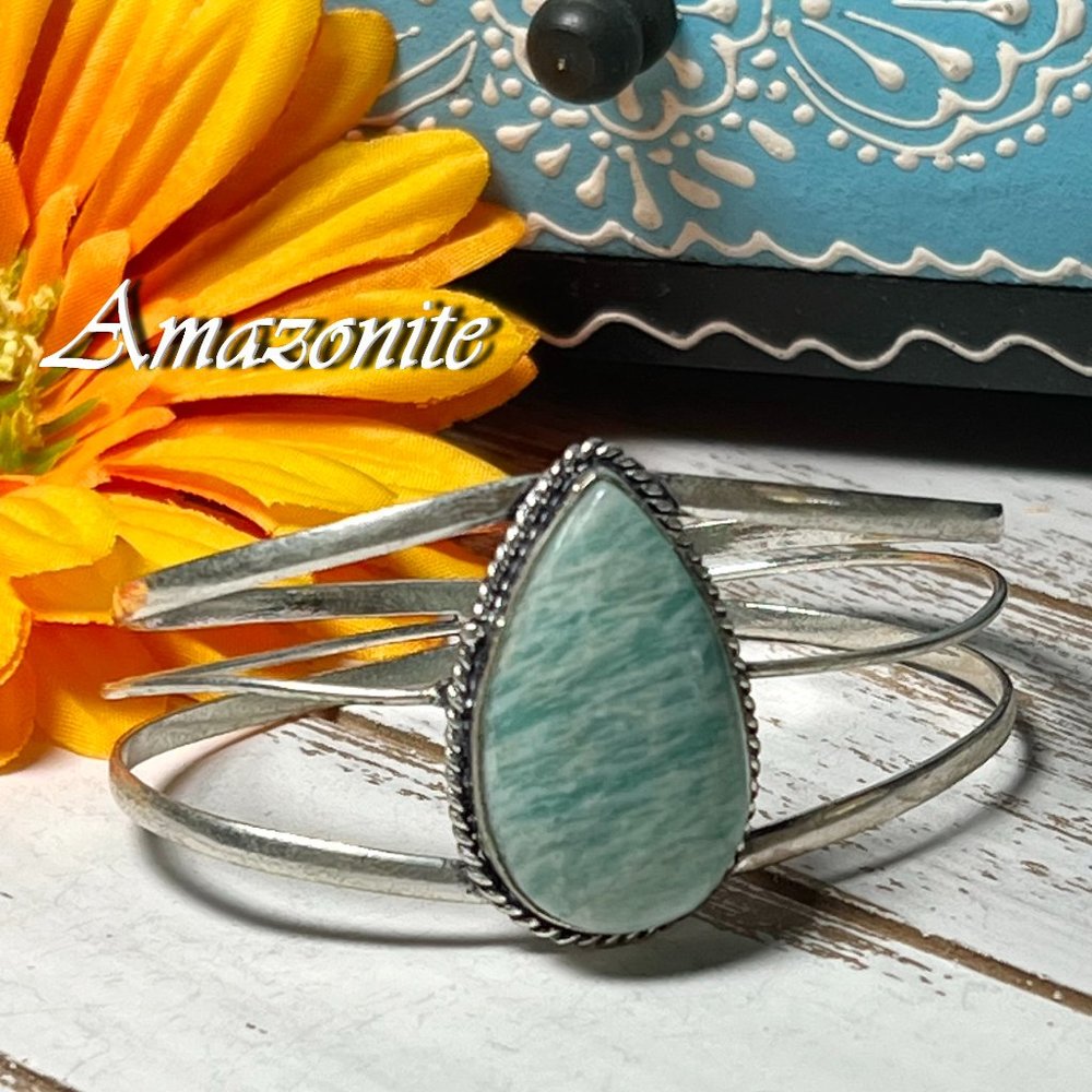 Amazonite Bracelet Cuff Bangle Handmade Gemstone 925 Silver Plated Bohemian New!